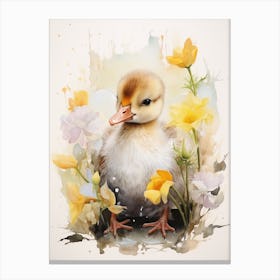 Duckling And The Daffodils Paint Splash Canvas Print
