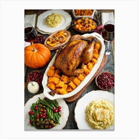 An Inviting Traditional Thanksgiving Feast Is Spread Out Highlighting A Tenderly Roasted Turkey Wit (5) 1 Canvas Print