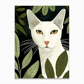 White Cat With Green Leaves Canvas Print