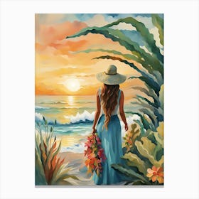 Bohemian Woman at the Sunset Beach Canvas Print