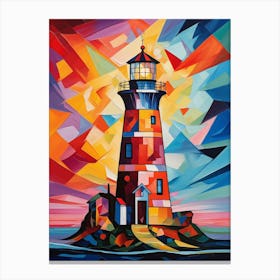 Lighthouse Tower at Sunset IV, Avant Garde Vibrant Colorful Painting in Cubism Picasso Style Canvas Print