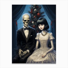 A Skeleton And A Girl Near A Christmas Tree 1 Canvas Print