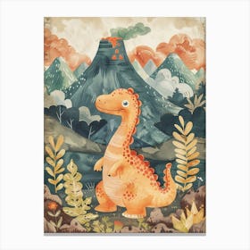 Dinosaur & The Volcano Vintage Storybook Painting 1 Canvas Print