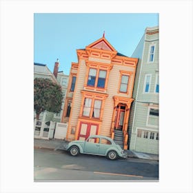 San Francisco Victorian House With A 1967 Volkswagen Beetle Bug Parked Outside Canvas Print