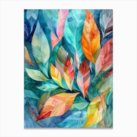 Watercolor Leaves On Blue Background Canvas Print