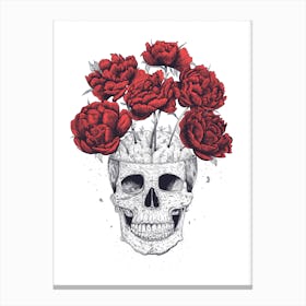 Skull With Red Peonies Canvas Print