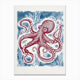 Hand Printed Style Red & Navy Octopus 1 Canvas Print