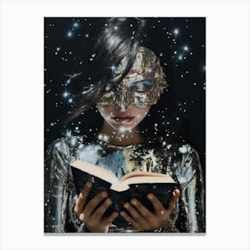 cosmic portrait of a woman reading a glittering book in the style of cosmic surrealism Canvas Print