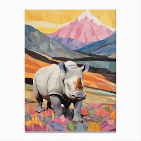 Patchwork Floral Rhino With Mountain In The Background 5 Canvas Print