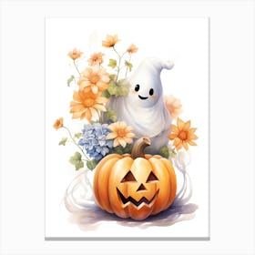 Cute Ghost With Pumpkins Halloween Watercolour 92 Canvas Print