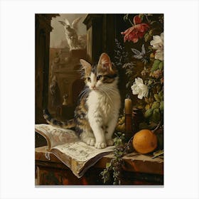 Cat Sat On Book Rococo Inspired Painting Canvas Print