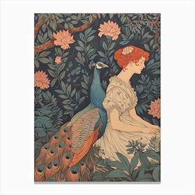 Floral Peacock With Red Haired Woman Vintage Wallpaper Inspired 1 Canvas Print