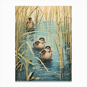 Ducklings With The Pond Weed Japanese Woodblock Style 3 Canvas Print