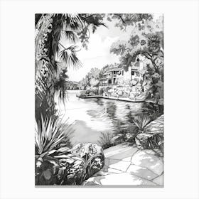 The Oasis On Lake Travis Austin Texas Black And White Drawing 2 Canvas Print