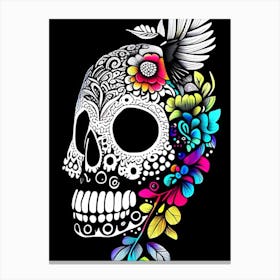 Skull With Bird Motifs 2 Colourful Doodle Canvas Print