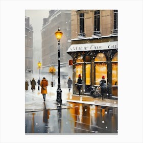 Paris cafes, winter season, Christmas, autumn oil colors, pale colors, pedestrians in the street, winter clothes, falling snow.Christmas decorations.1 Canvas Print