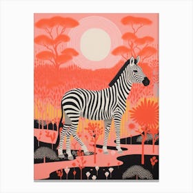 Zebra In The Wild At Sunset Coral 4 Canvas Print
