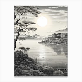 Lake Biwa In Shiga, Ukiyo E Black And White Line Art Drawing 1 Canvas Print