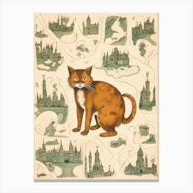 Medieval Map Of Castles & Ginger Cat Canvas Print