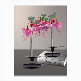 Pink Fuchsia Flowers In Glass Test Tubes With Candlesticks On A Biology Book Canvas Print