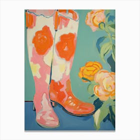 Painting Of Roses Flowers And Cowboy Boots, Oil Style 1 Canvas Print