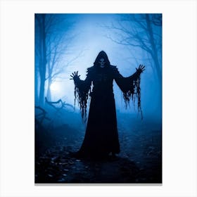 Amid A Chilling Night Draped With Eerie Mist A Daemon Manifests In A Haunting Silhouette Lost In A (3) Canvas Print