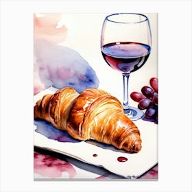 Croissant and Wine watercolor painting 19 Canvas Print