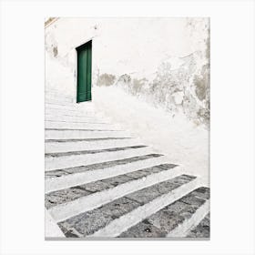 White Stairs With Green Door Canvas Print