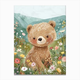 Brown Bear Cub In A Field Of Flowers Storybook Illustration 2 Canvas Print