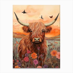 Highland Cow At Sunset With Butterflies Canvas Print