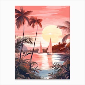An Illustration In Pink Tones Of  Of Sailboats And Fern Vines 1 Canvas Print