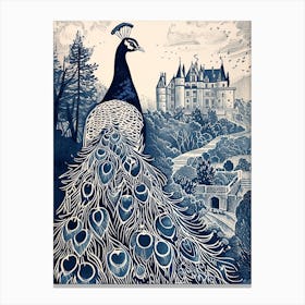 Peacock Blue Linocut Inspired With A Castle In The Background 3 Canvas Print