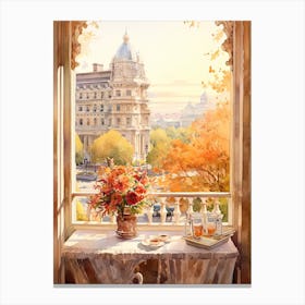 Window View Of Madrid Spain In Autumn Fall, Watercolour 3 Canvas Print