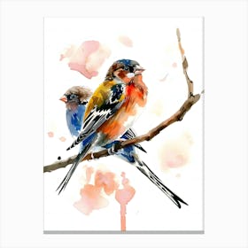 Watercolor Birds Sitting On A Branch Canvas Print