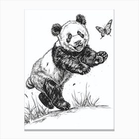 Giant Panda Cub Chasing After A Butterfly Ink Illustration 4 Canvas Print