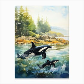 Orca Whale Watercolour And Orca Calf Canvas Print