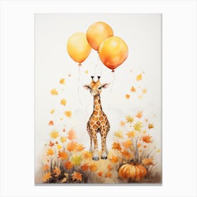 Giraffe Flying With Autumn Fall Pumpkins And Balloons Watercolour Nursery 4 Canvas Print