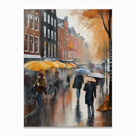 Amsterdam cafes, autumn season, rain, autumn oil colours.Faded colours,People passing on the street, winter clothes, rain umbrellas.10 3 Canvas Print