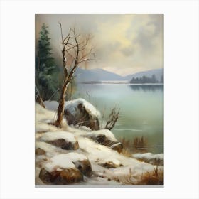 Ancient landscapes, old winter oil paintings and rocks around the lake bank. Snow is falling on the lake, old colors.11 1 Canvas Print