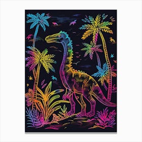 Neon Dinosaur With Palm Trees Line Illustration Canvas Print