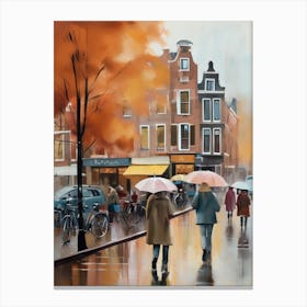 Amsterdam cafes, autumn, autumn oil colours, pastel colours, pedestrians in the street, winter clothes.5 Canvas Print