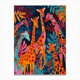 Colourful Blue Leaf Giraffe Herd Canvas Print