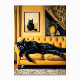 Black Cat On Yellow Couch Canvas Print