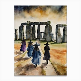 Lets Go ~ Witches Walk to Stonehenge on the Winter Solstice to Watch the Sunrise Over Standing Stones, witchy, witchy coven watercolour, witchcraft painting, witch friends, somerset, witchcore, cottagecore, wise witches, crones, pagan, wheel of the year, Yule, Yule festival, Pagan Yule Artwork, Wiccan Wicca Canvas Print