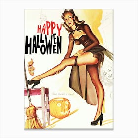 Pin Up Girl In Witch Costume Ready For A Halloween Party Canvas Print