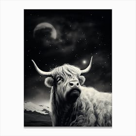 Black & White Illustration Of Highland Cow With The Stars Canvas Print