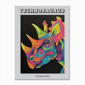 Neon Dinosaur Line Portrait Triceratops Poster Canvas Print