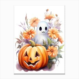 Cute Ghost With Pumpkins Halloween Watercolour 118 Canvas Print