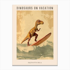 Vintage Deinonychus Dinosaur On A Surf Board 3 Poster Canvas Print