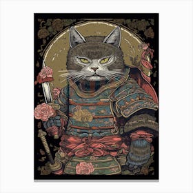 Cute Samurai Cat In The Style Of William Morris 11 Canvas Print